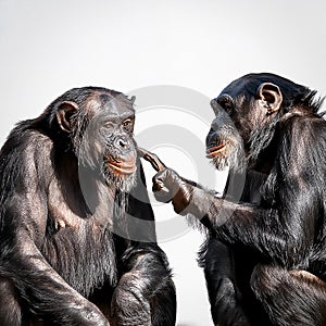 Two chimpanzees talking. Two chimpanzees meeting with each other apparently having a discussion using hand gestures