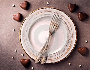 White mock up vintage plate with fork and chocolate hearts.