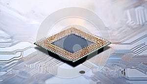 a modern microchip processor with intricate gold connectors on a white background