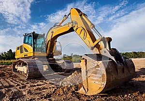 excavator working in the sand of a construction site