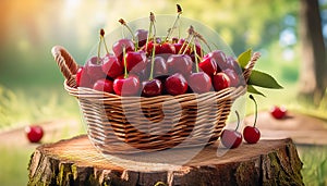 Basket of fresh red cherries. Freshly picked red cherries in a basket
