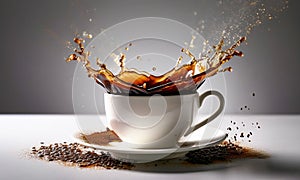 Dramatic Coffee Splash in White Cup on Dark Surface