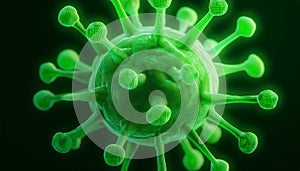 Close-up view of a glowing green virus molecule