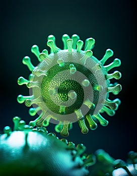 Close-up view of a glowing green virus molecule