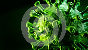 Close-up view of a glowing green virus molecule