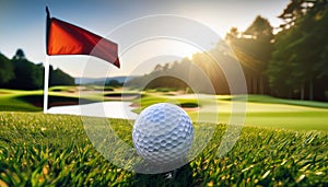 Golfball+flag. Close up of golfball with golfcourse as background