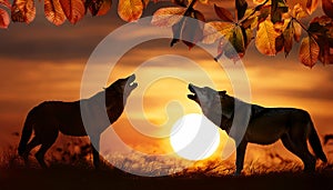 Wolf afraid in sunset. Two snarling wolves in autumn leaves.