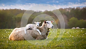 Resigned. Sheep lying in a field in spring with a lamb climbing on its back