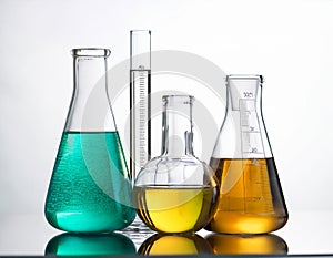 Laboratory bottles - test tubes and beakers - on white