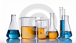 Laboratory bottles - test tubes and beakers - on white