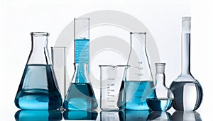 Laboratory bottles - test tubes and beakers - on white