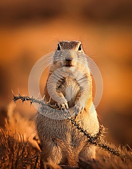 A ground squirrel (Xerus inaurus) with thorn branch photo