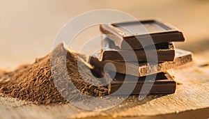 Dark chocolate stack, chips and powder