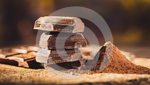 Dark chocolate stack, chips and powder