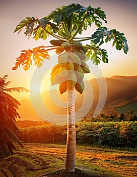 Papaya tree with abundant fruits in the morning light. AI generated