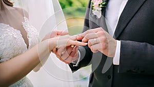 The groom places the wedding ring on the bride s finger