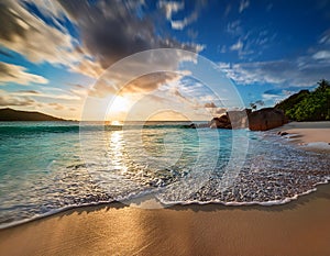 Sunset on Seychelles beach, tilt shift soft effect, Africa