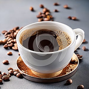 Cup of black coffee and spilled beans. take a break