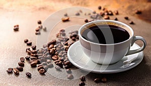 Cup of black coffee and spilled beans. take a break