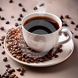 Cup of black coffee and spilled beans. take a break