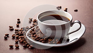 Cup of black coffee and spilled beans. take a break