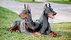 Two dobermans. Two black dobermans laying on the grass