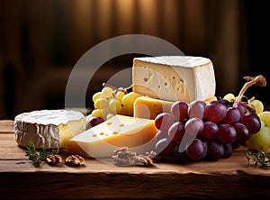 composition with different cheeses and grapes