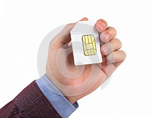 Sim card In a hand isolated on white background