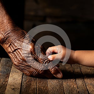 Asian old man hands. Hands of the old man and a child`s hand on the wood table