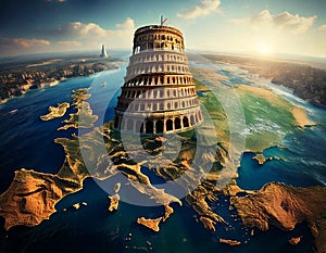 Tower of Bable on the map of Europe.