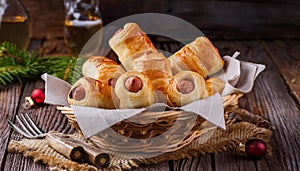 Pigs in a planket. Puff pastry rolls with sausages on a wooden background. Fast food or beer