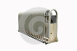 Chrome aluminum barrier on casters. Folding retractable fence on casters isolated on white background.