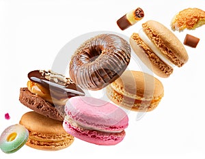 Confectionery and sweets levitation collage. Donuts, cupcakes, cookies, macarons flying