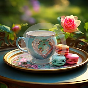 A beautiful, handmade coffee mug with a heart and some Maccarons