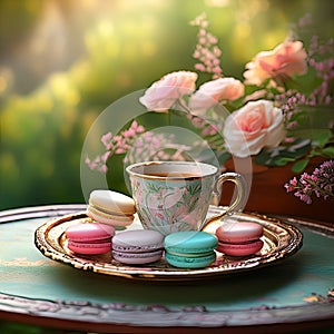 A beautiful, handmade coffee mug with a heart and some Maccarons