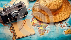 Holiday items on a world map.