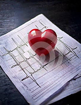 Heart with ekg. A red heart sits ontop of two EKG print outs. Black background