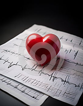 Heart with ekg. A red heart sits ontop of two EKG print outs. Black background