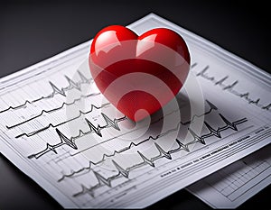 Heart with ekg. A red heart sits ontop of two EKG print outs. Black background