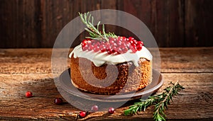 Traditional classic Christmas cake decorated with cranberries, pomegranate seeds and rosemary on wooden table. Banner design