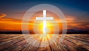 Good Friday and Easter Sunday concept. Wooden floor with blurred cross and sunset amazing