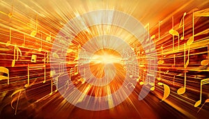Abstract Music Notes Blast in Blurry Grungy Orange Background. Illustration of yellow music