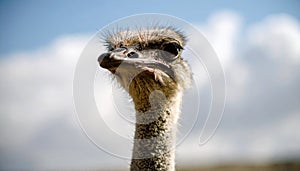 Close up shot of parrot Ostrich head closeup on sky background outdoors