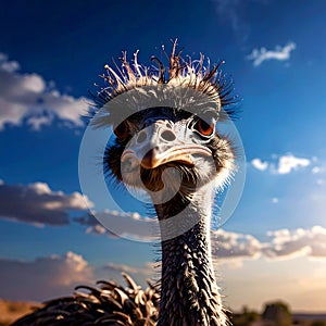 Close up shot of parrot Ostrich head closeup on sky background outdoors