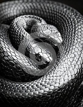 Closeup of a coiled black snake