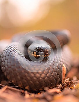 Closeup of a coiled black snake