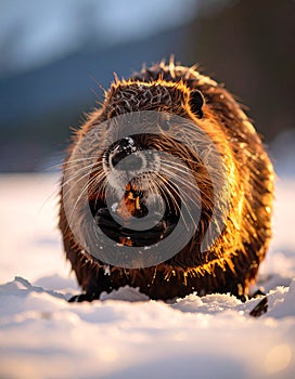 North American Beaver. Beaver Eating wood in the snow