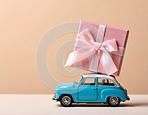 Car with staple gift on neutral background