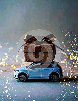 Car with staple gift on neutral background