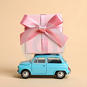 Car with staple gift on neutral background